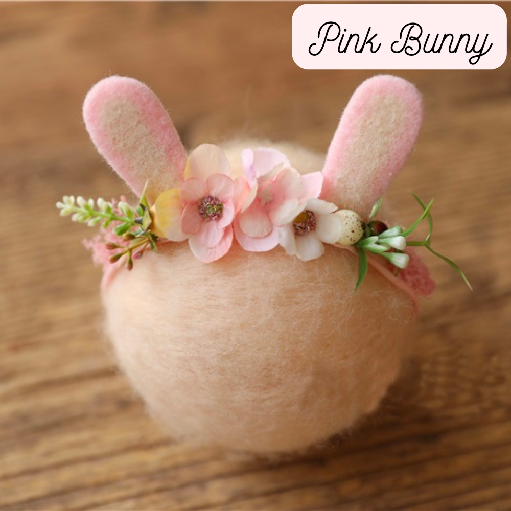 Pink bunny ear headband with faux flowers for newborn photography, reborns and reborn baby dolls.