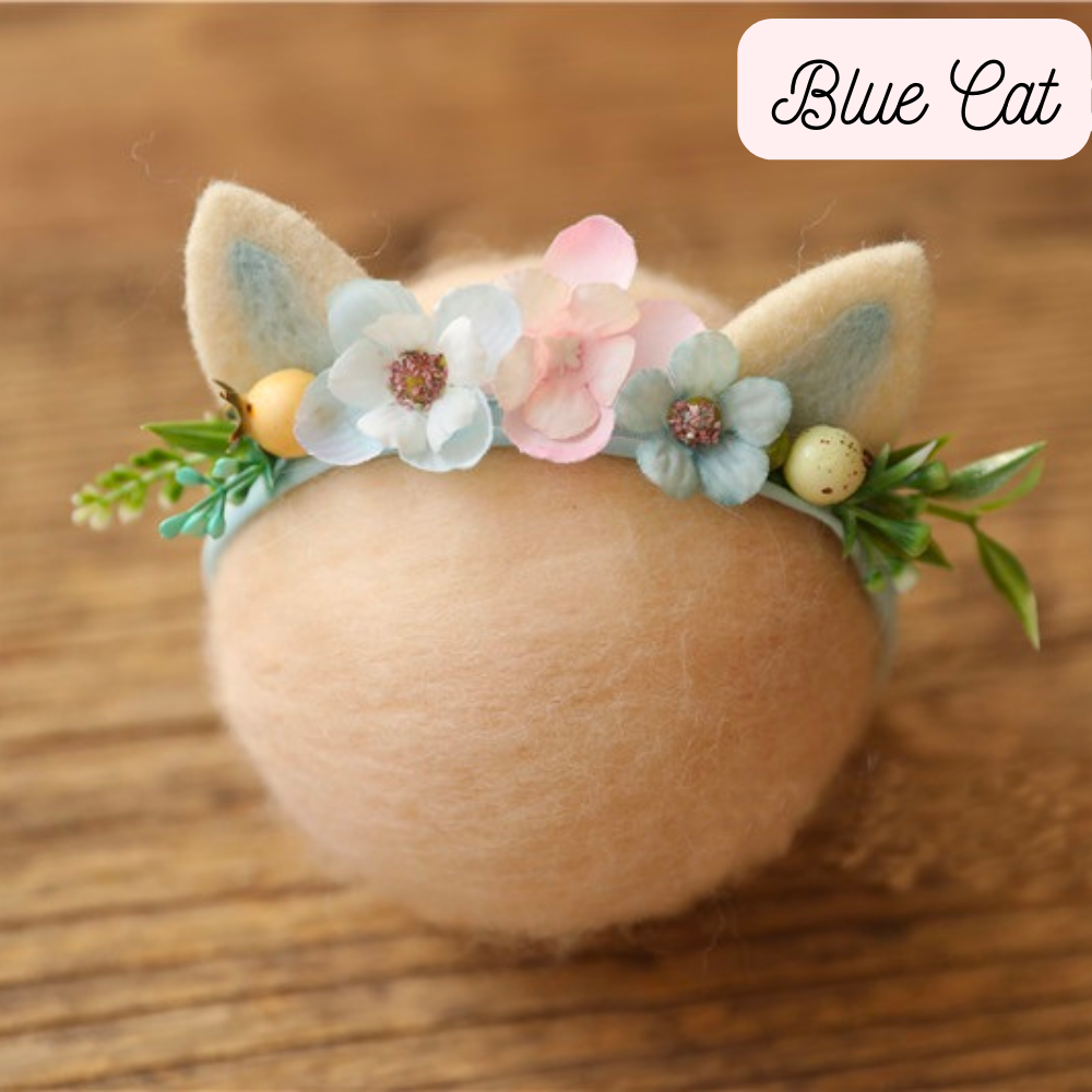 Blue cat ear headband with faux flowers for newborn photography, reborns and reborn baby dolls.