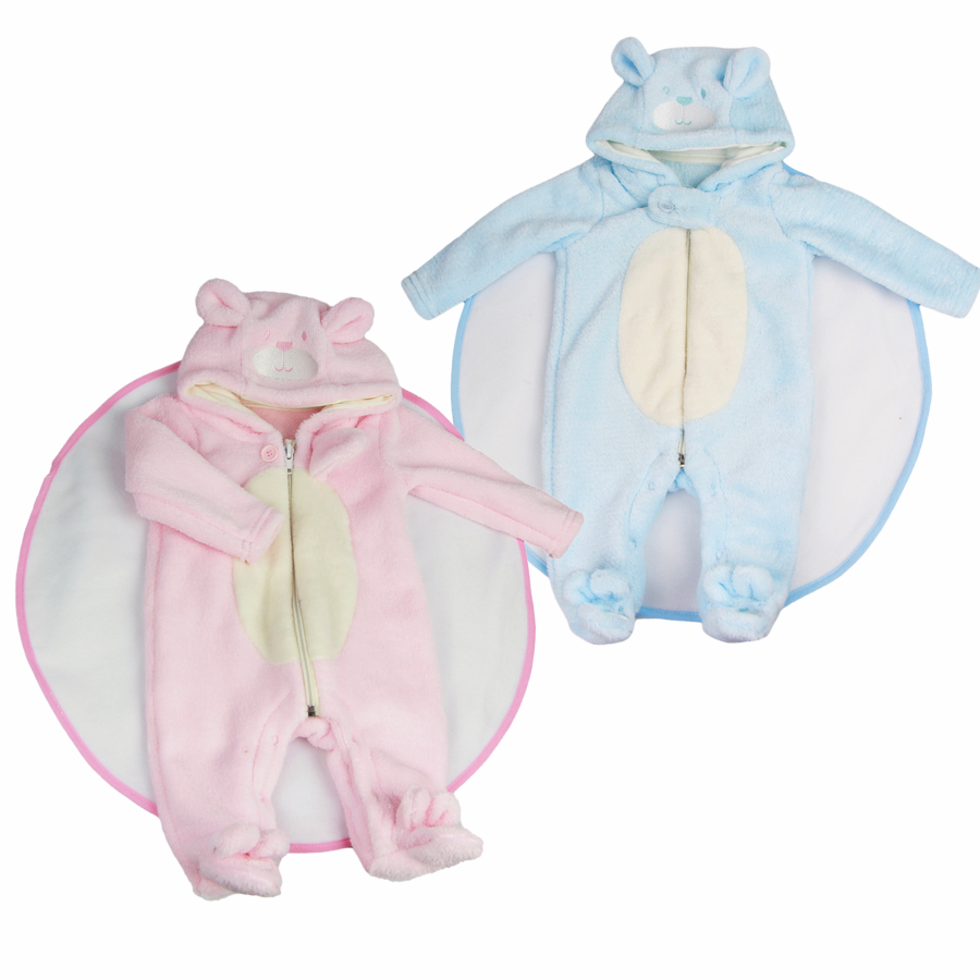 Pink and Blue newborn sized fleece zip-up teddy bear rompers with bear feeties attached and hoods with 3D ears and bear faces on them for reborn baby dolls.