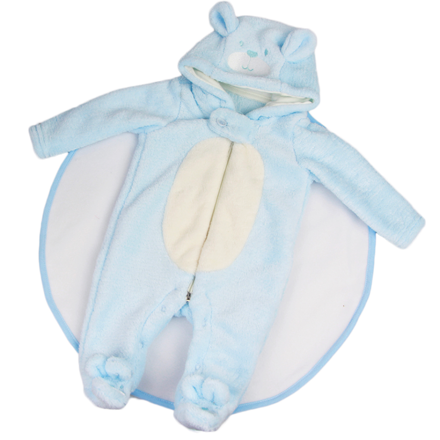 Blue newborn sized fleece zip-up teddy bear rompers with bear feeties attached and hoods with 3D ears and bear faces on them for reborn baby dolls.