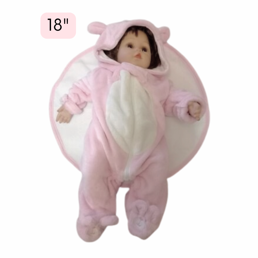 An 18" reborn doll wearing a Pink newborn sized fleece zip-up teddy bear rompers with bear feeties attached and hoods with 3D ears and bear faces on them for reborn baby dolls.