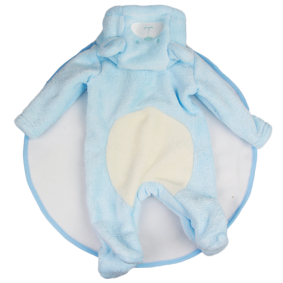 Back of a Blue newborn sized fleece zip-up teddy bear rompers with bear feeties attached and hoods with 3D ears and bear faces on them for reborn baby dolls.