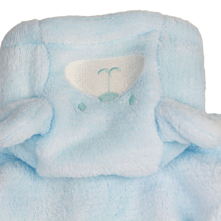 Close-up of the hood on a Blue newborn sized fleece zip-up teddy bear rompers with bear feeties attached and hoods with 3D ears and bear faces on them for reborn baby dolls.