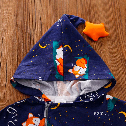 Navy blue zip-up hooded fox romper with orange star on hood for reborn baby boys.