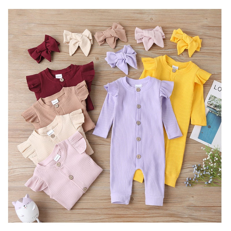 Boho ruffle sleeve rompers in burgundy, khaki, off-white, lilac purple, baby pink and bright yellow with buttons and matching headbands: reborn baby girl doll clothes for sale.