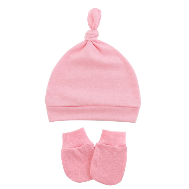 Light pink Newborn and preemie Reborn Anti-Scratch Mitts and Knotted baby Hats Sets for Baby Boys and Girls.