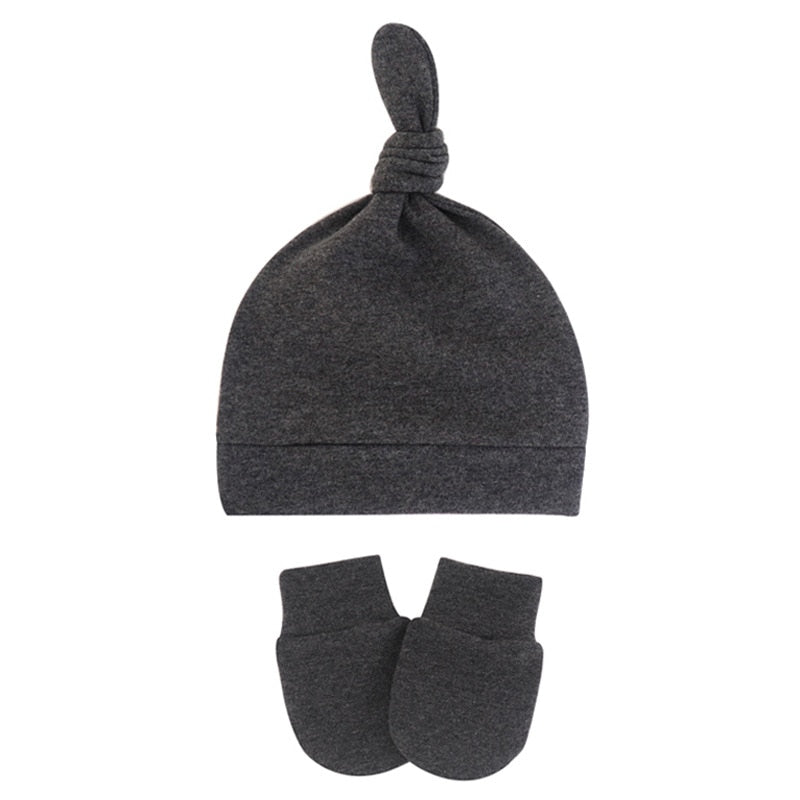 Dark grey melange Newborn and preemie Reborn Anti-Scratch Mitts and Knotted baby Hats Sets for Baby Boys and Girls.