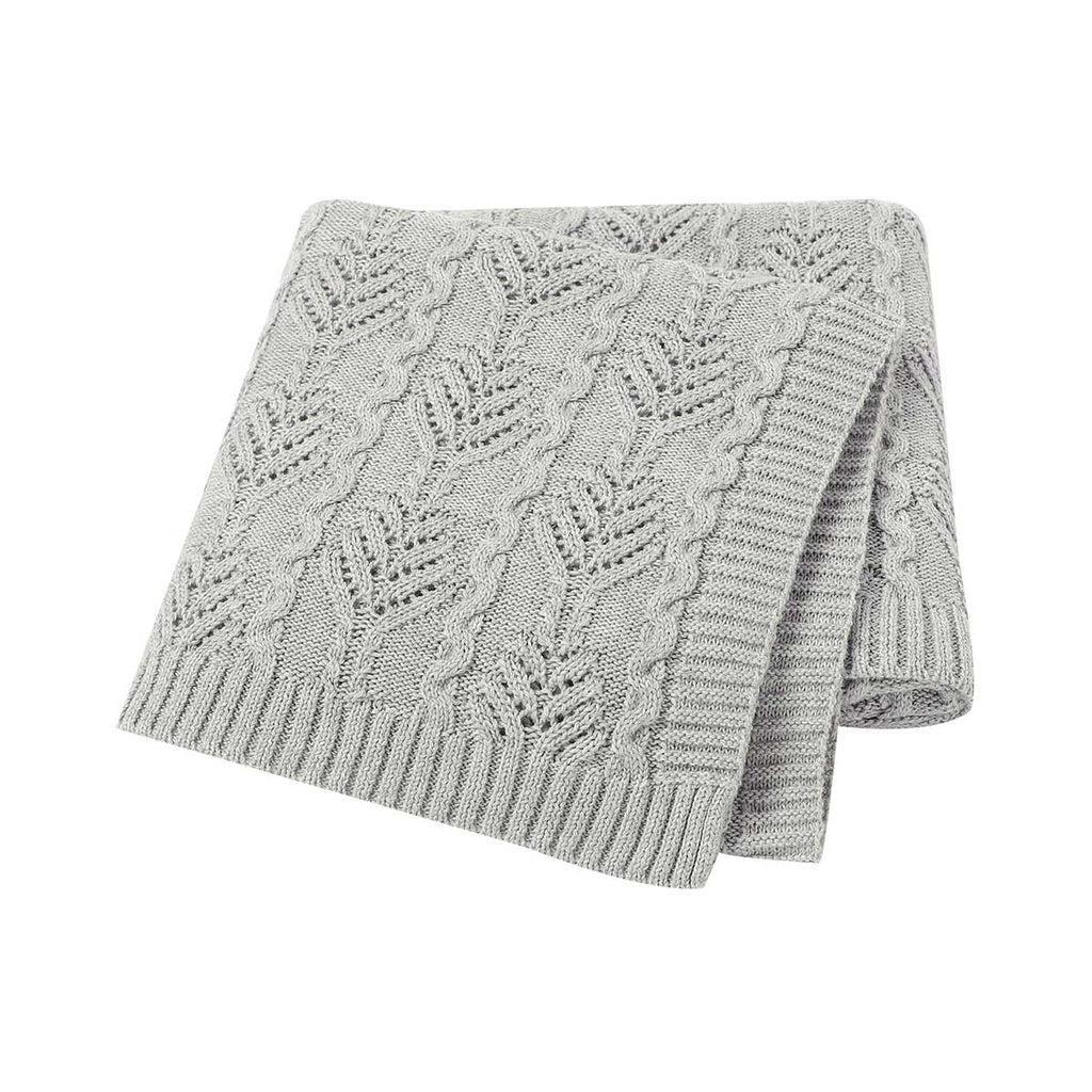 Light grey coloured Fern Gully knitted baby blanket for reborn dolls and newborn babies.