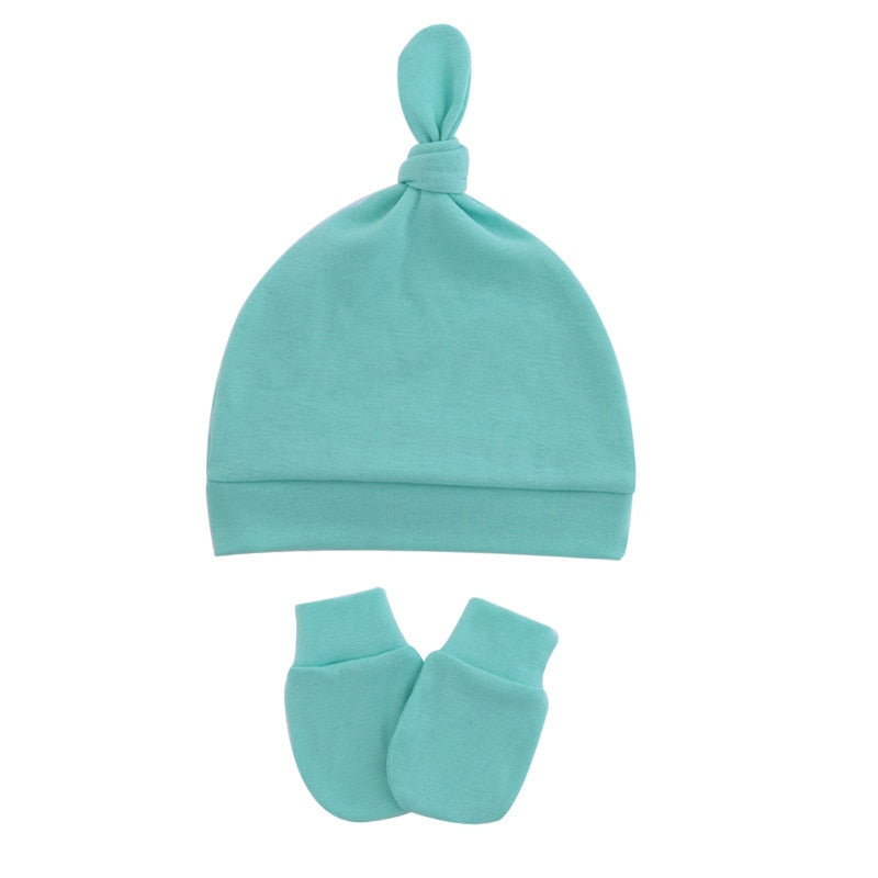 Aqua turquoise Newborn and preemie Reborn Anti-Scratch Mitts and Knotted baby Hats Sets for Baby Boys and Girls.