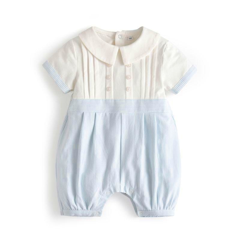 White and baby blue striped Spanish Baby Bubble Romper for Reborn Dolls with a Peter Pan Collar.
