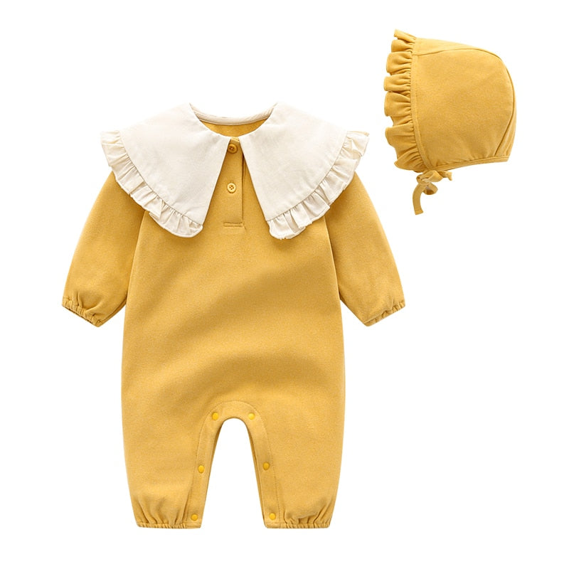 Mustard yellow vintage Spanish baby romper with bonnet for reborn baby dolls.