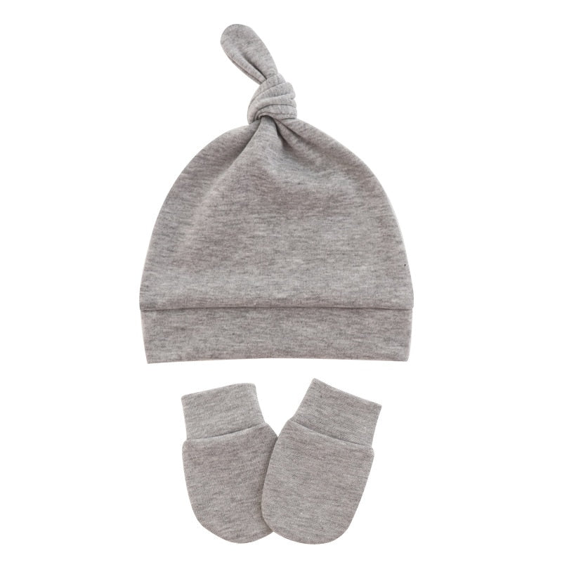Light grey melange Newborn and preemie Reborn Anti-Scratch Mitts and Knotted baby Hats Sets for Baby Boys and Girls.