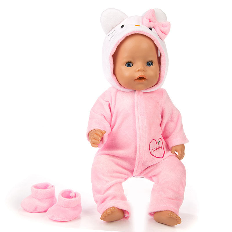 Baby born doll wearing a light pink preemie sized Hello Kitty hooded romper with matching booties for reborn baby dolls.
