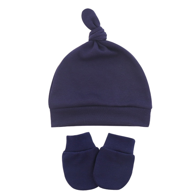 Navy blue Newborn and preemie Reborn Anti-Scratch Mitts and Knotted baby Hats Sets for Baby Boys and Girls.