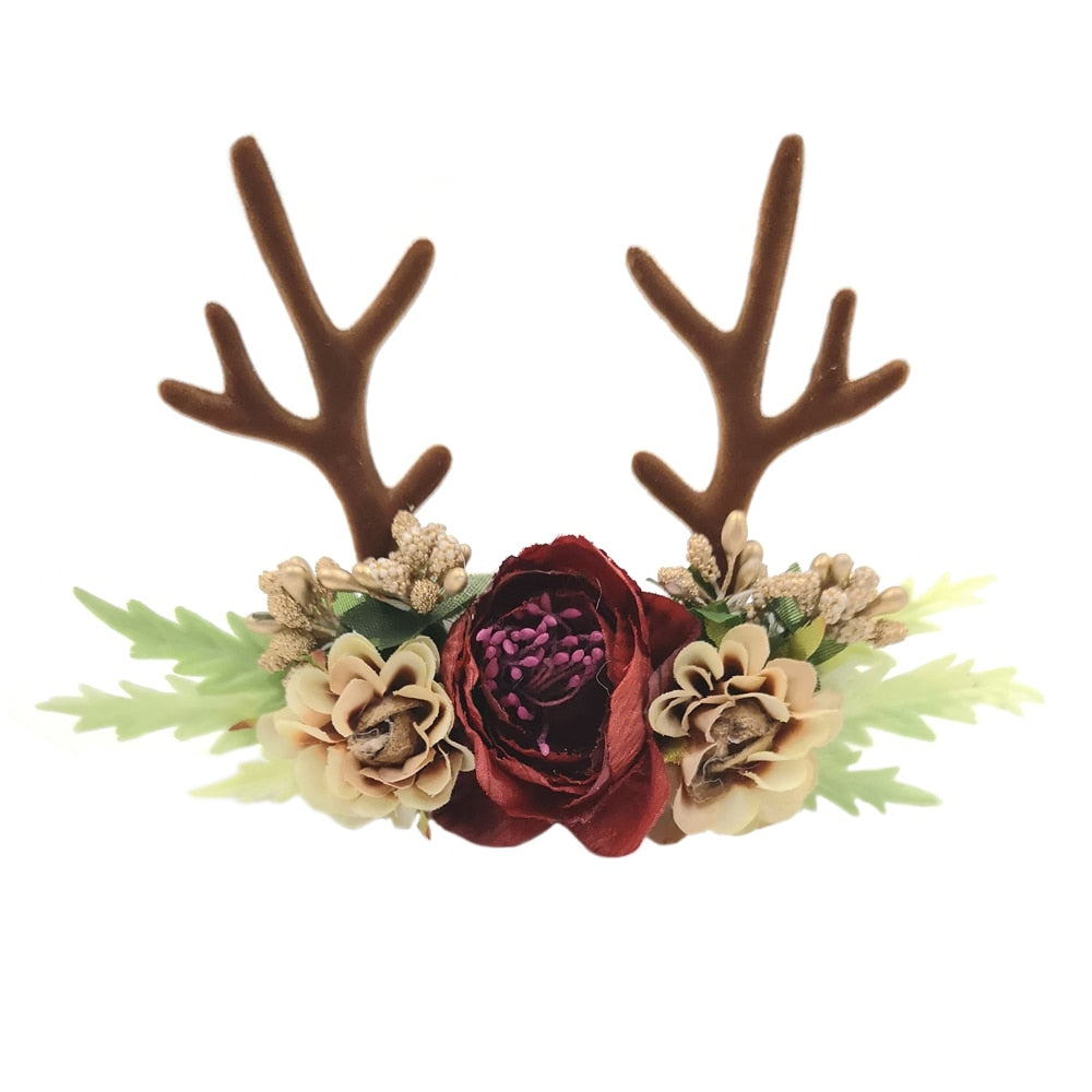 Baby deer antler headbands with faux flowers for reborn dolls and newborn baby photoshoots.