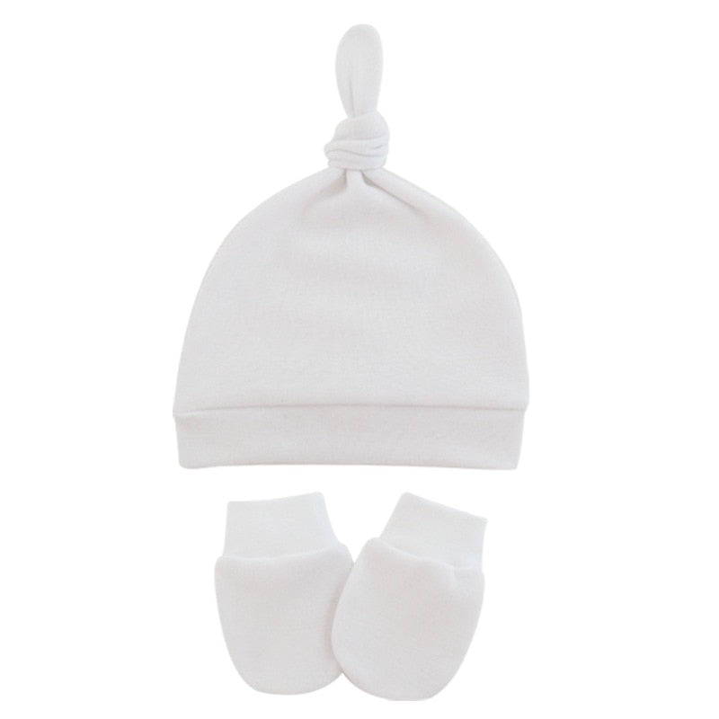 Ivory white Newborn and preemie Reborn Anti-Scratch Mitts and Knotted baby Hats Sets for Baby Boys and Girls.