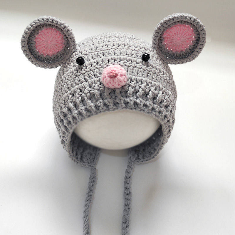 Pink and grey newborn crochet knitted mouse bonnet with eyes and a nose for photography and reborn dolls.Baby Sophia Crochet Knitted Newborn Photography Mouse Bonnet Hat for Reborn Baby Dolls.