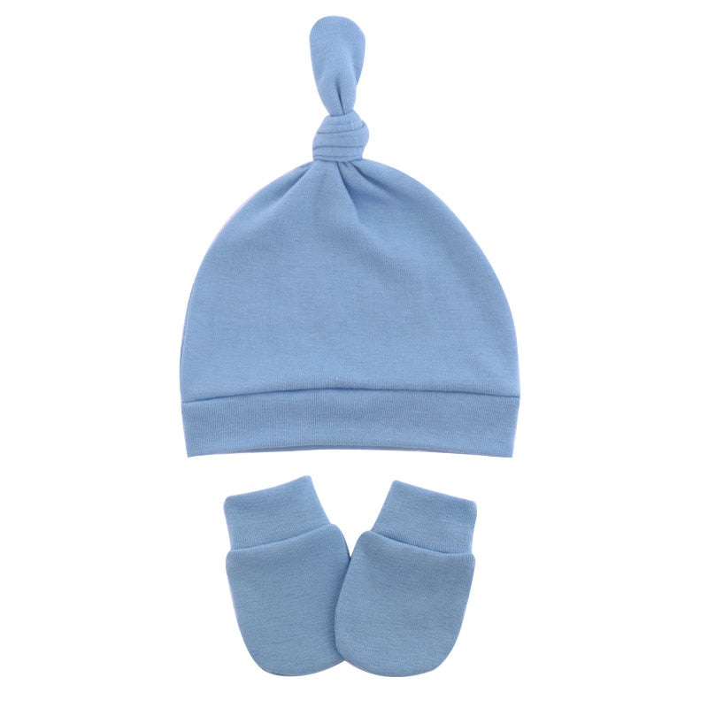 Blue Newborn and preemie Reborn Anti-Scratch Mitts and Knotted baby Hats Sets for Baby Boys and Girls.