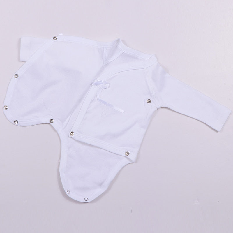3-Pack Long-sleeve Kimono Onesies White in size preemie, newborn, 3M and 6M for reborn baby girls and boys.