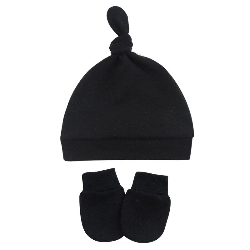 Black Newborn and preemie Reborn Anti-Scratch Mitts and Knotted baby Hats Sets for Baby Boys and Girls.