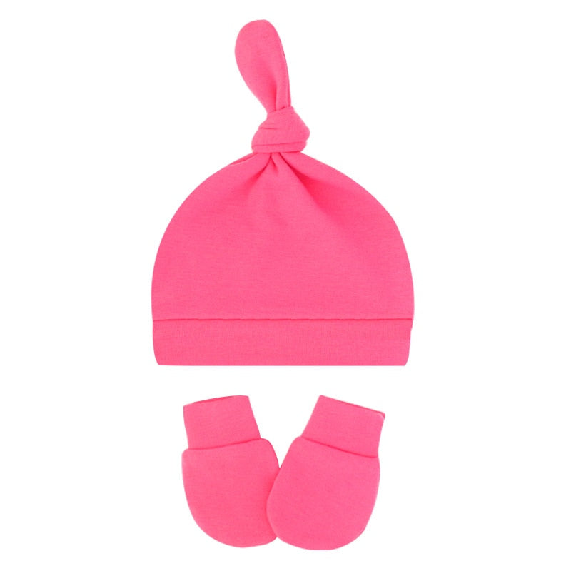 Barbie pink Newborn and preemie Reborn Anti-Scratch Mitts and Knotted baby Hats Sets for Baby Boys and Girls.