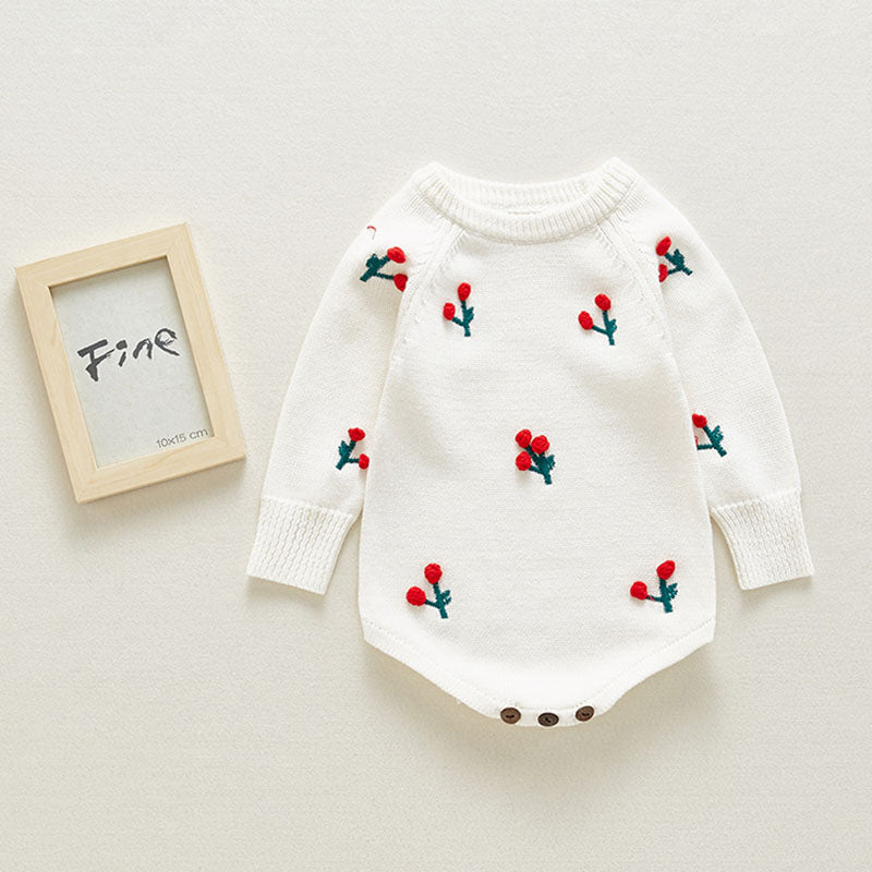 White knitted 100% cotton long-sleeve onesie with red, 3D cherries on it for baby girls and reborn dolls.