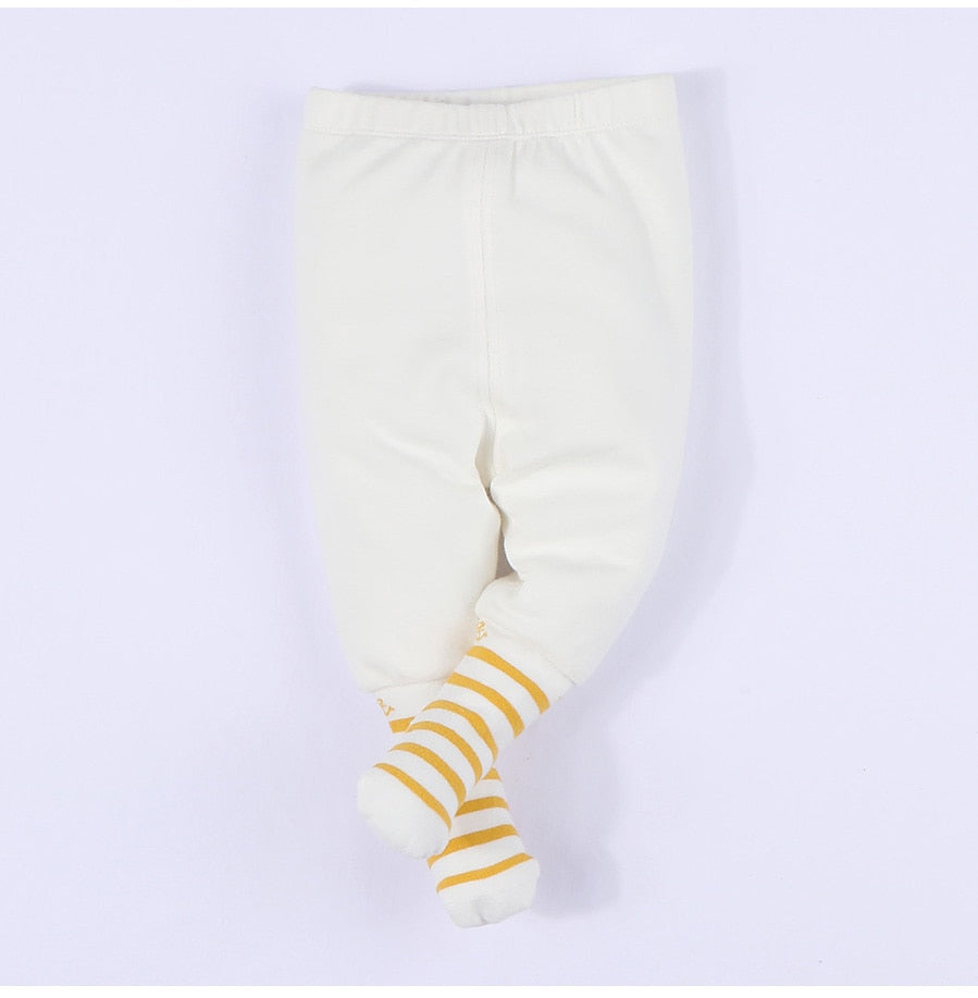 White Newborn Baby pants with yellow and white striped socks attached for reborn dolls and babies.