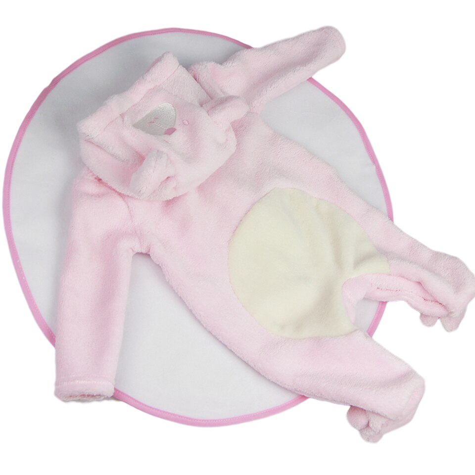 Back of a Pink newborn sized fleece zip-up teddy bear rompers with bear feeties attached and hoods with 3D ears and bear faces on them for reborn baby dolls.