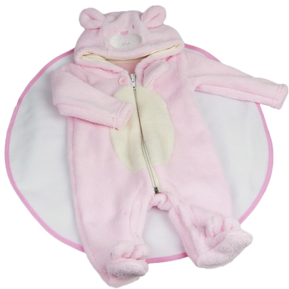 Pink newborn sized fleece zip-up teddy bear rompers with bear feeties attached and hoods with 3D ears and bear faces on them for reborn baby dolls.
