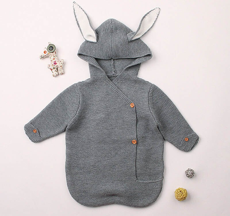 Grey knitted bunny rabbit sleep sacks sleeping bags for newborn babies and reborn dolls.