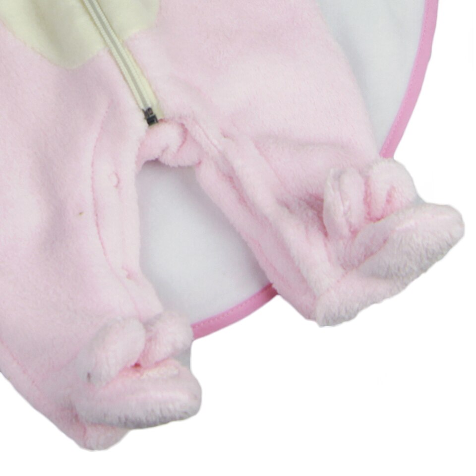 Close-up of the feet / feeties on a Pink newborn sized fleece zip-up teddy bear rompers with bear feeties attached and hoods with 3D ears and bear faces on them for reborn baby dolls.