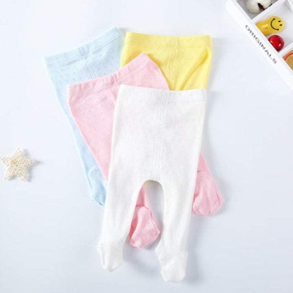 Newborn baby girl lightweight summer pointelle knit leotards with feeties in white, pink, baby blue and yellow for reborn dolls.