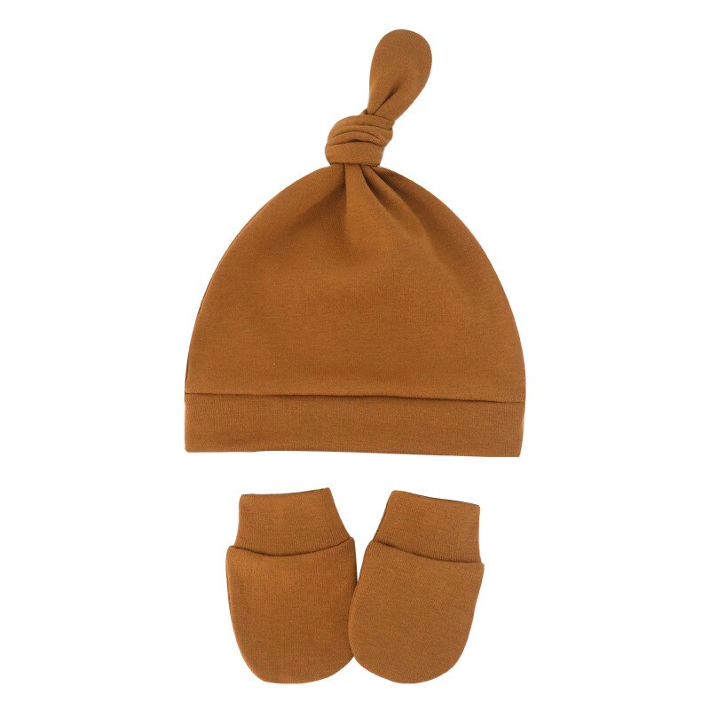 Raw sienna dark mustard yellow Newborn and preemie Reborn Anti-Scratch Mitts and Knotted baby Hats Sets for Baby Boys and Girls.