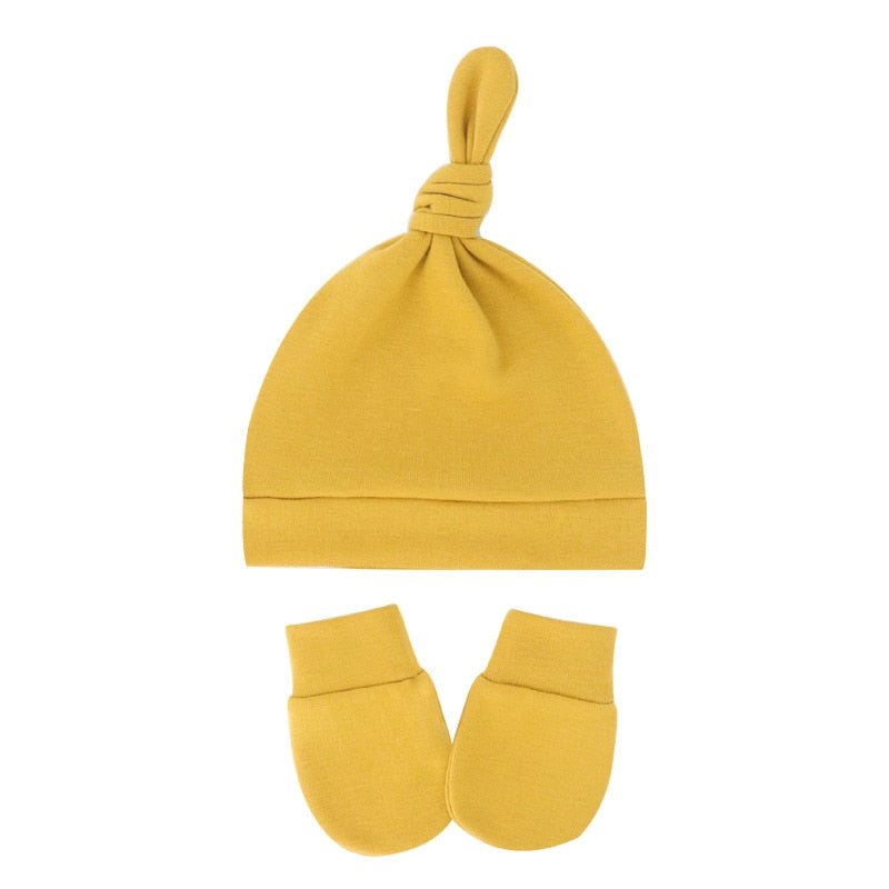 Mustard yellow Newborn and preemie Reborn Anti-Scratch Mitts and Knotted baby Hats Sets for Baby Boys and Girls.