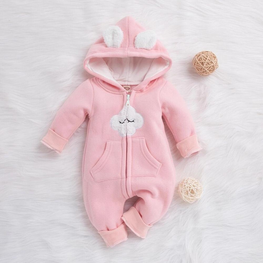 Light Pink Head in the Clouds hooded zip-up cotton baby romper for reborn dolls.