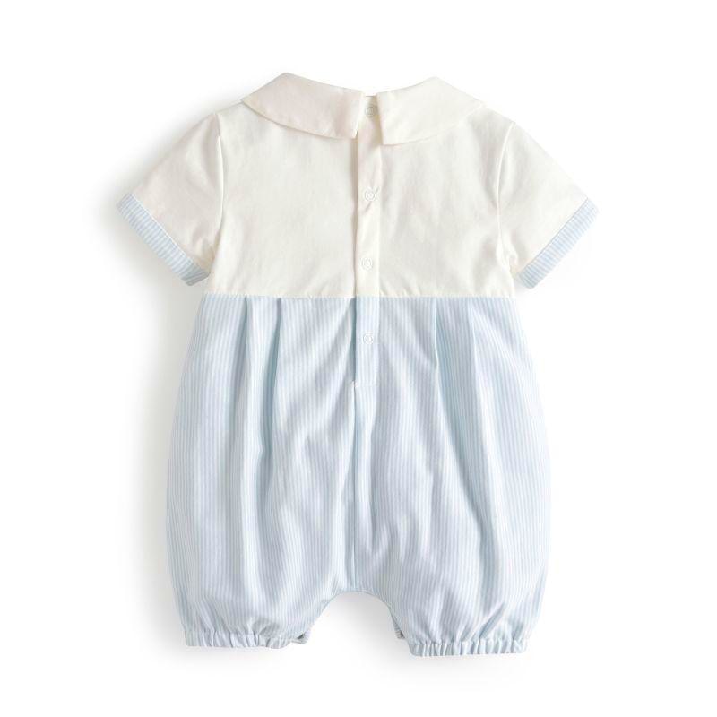 The back of the White and baby blue striped Spanish Baby Bubble Romper for Reborn Dolls with a Peter Pan Collar.