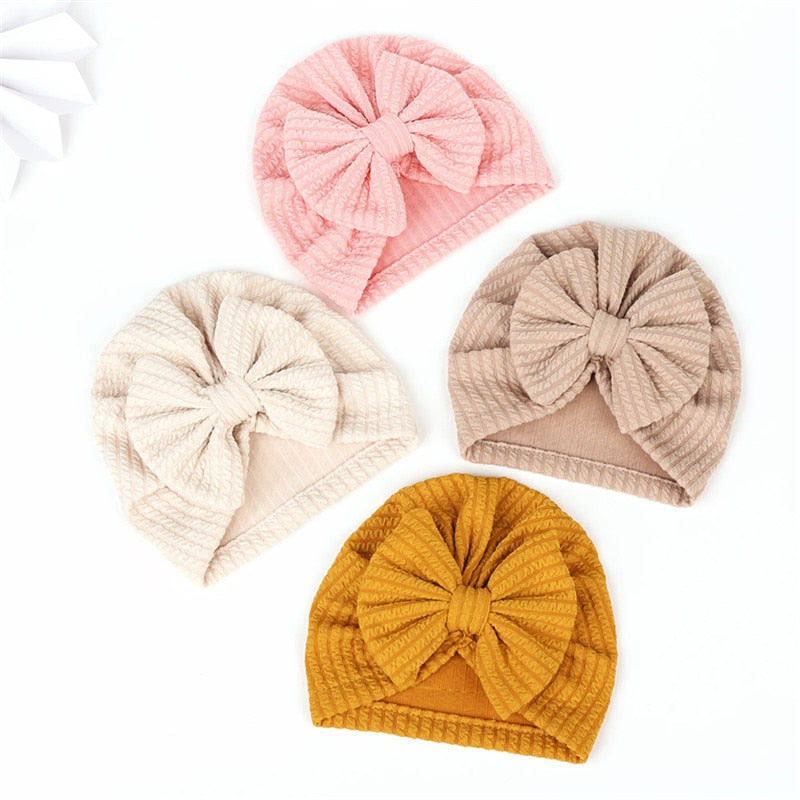 Waffle Knit Baby Turbans with Large Bows for Newborns and Reborn Dolls