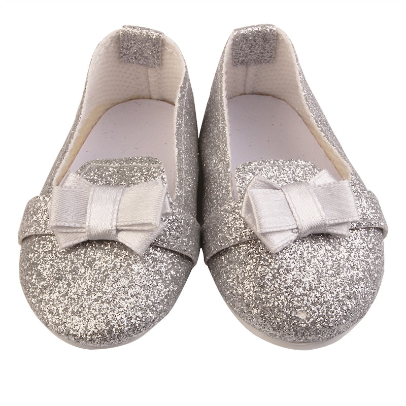 Micro reborn and preemie american girl doll dress shoes. Silver Glitter.