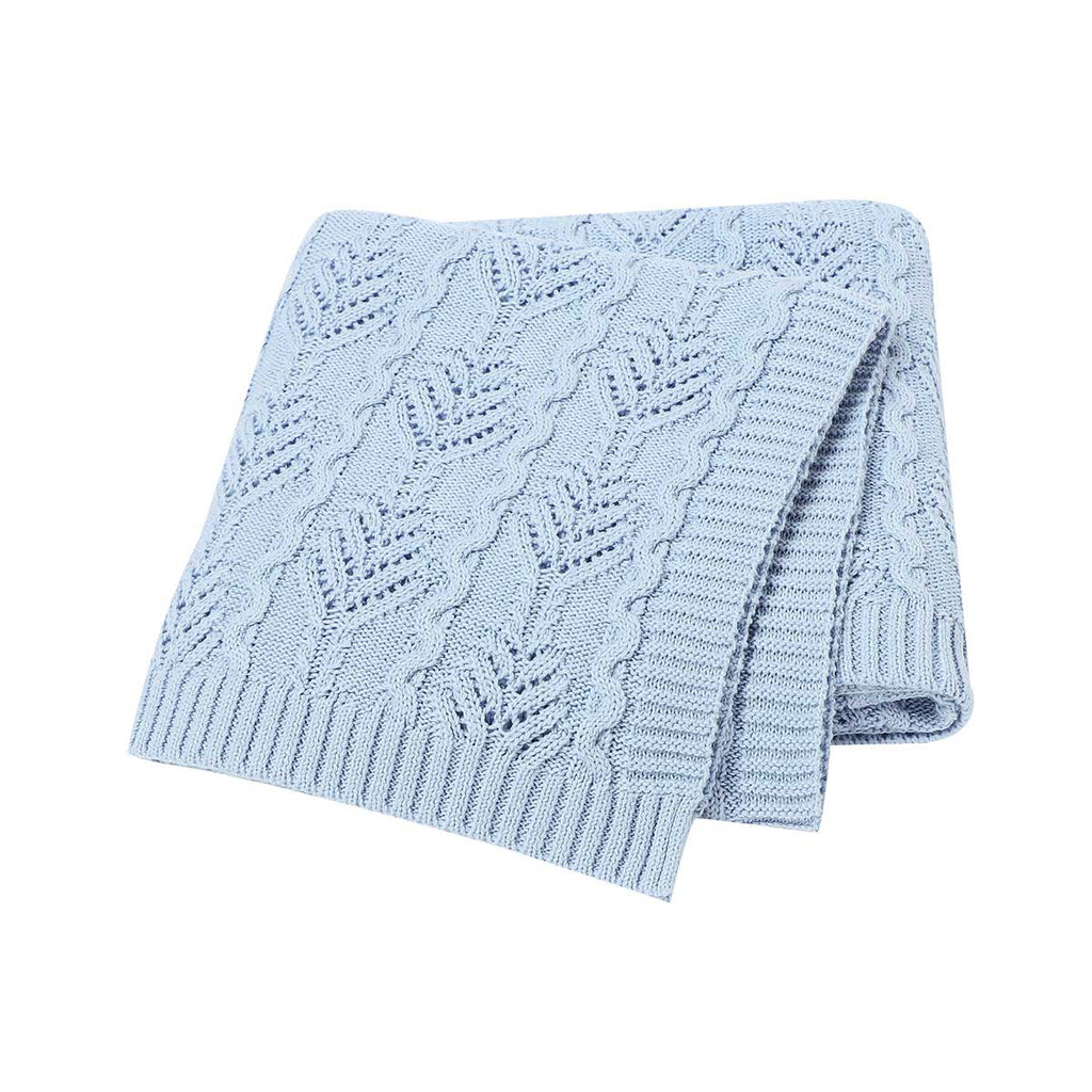 Light blue coloured Fern Gully knitted baby blanket for reborn dolls and newborn babies.
