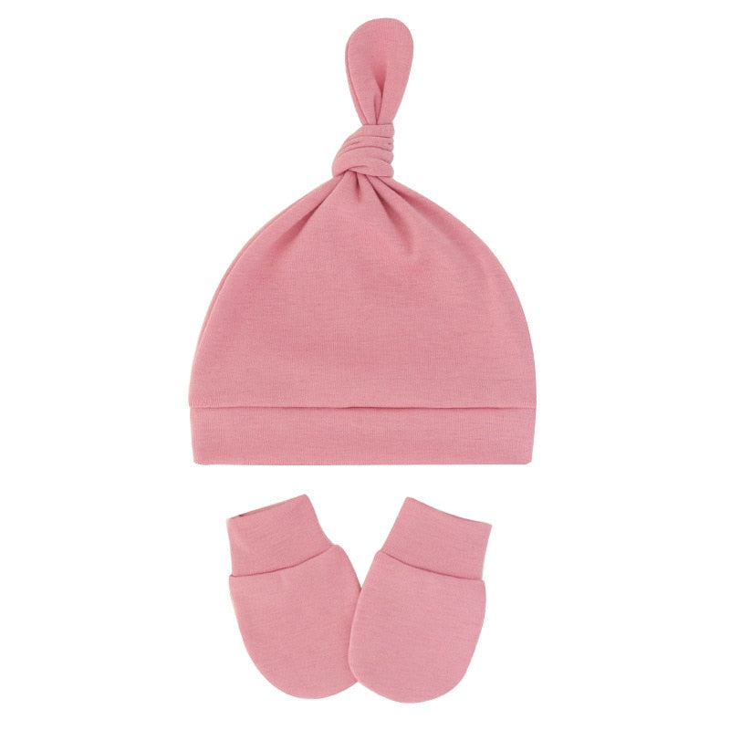 Blush pink Newborn and preemie Reborn Anti-Scratch Mitts and Knotted baby Hats Sets for Baby Boys and Girls.
