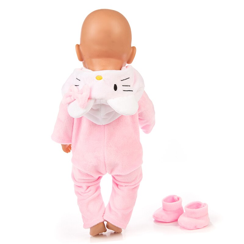 Baby born doll facing backwards to show the back of a light pink preemie sized Hello Kitty hooded romper with matching booties for reborn baby dolls.