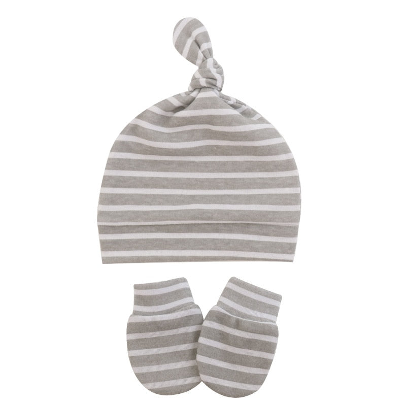 Grey and white striped Newborn and preemie Reborn Anti-Scratch Mitts and Knotted baby Hats Sets for Baby Boys and Girls.