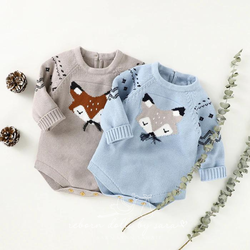One grey and one light blue long-sleeve knitted sweater onesie romper with fox face on the chest for reborn baby dolls.