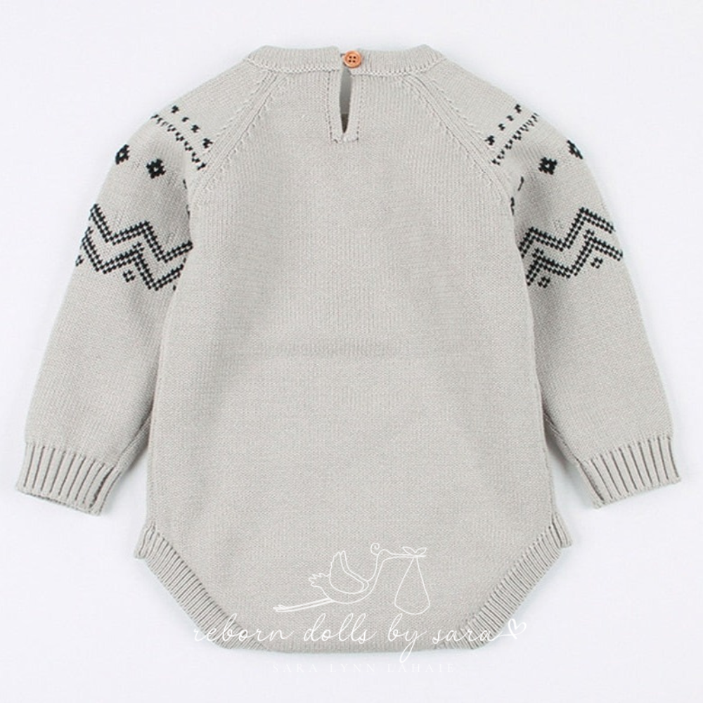 Back of a grey knitted long-sleeve sweater onesie romper for reborn baby dolls.