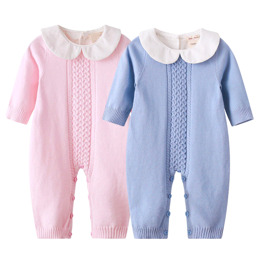 The Alexandre and Sophia Spanish Knitted Romper with Peter Pan collars in pink with a white collar, and blue with a white collar.  For reborn doll twins, toddlers, and babies. 