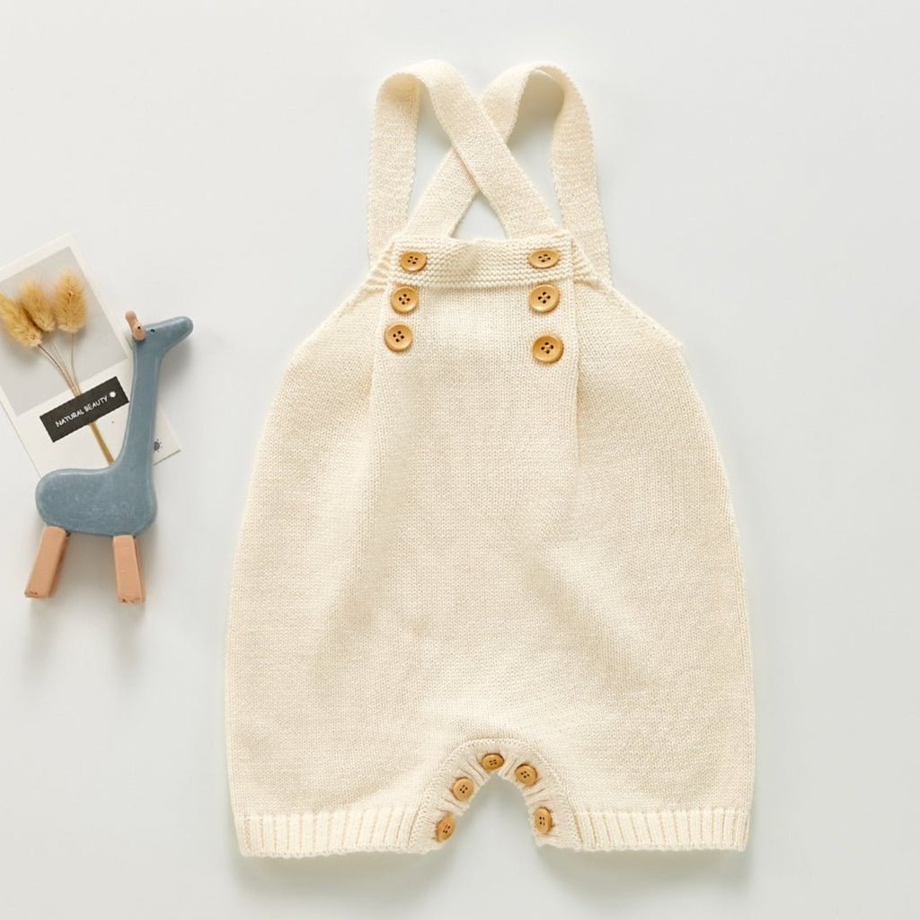 Off-White cream color knitted overall romper with adjustable straps for baby boys, baby girls, reborn dolls, reborns and cuddle babies.