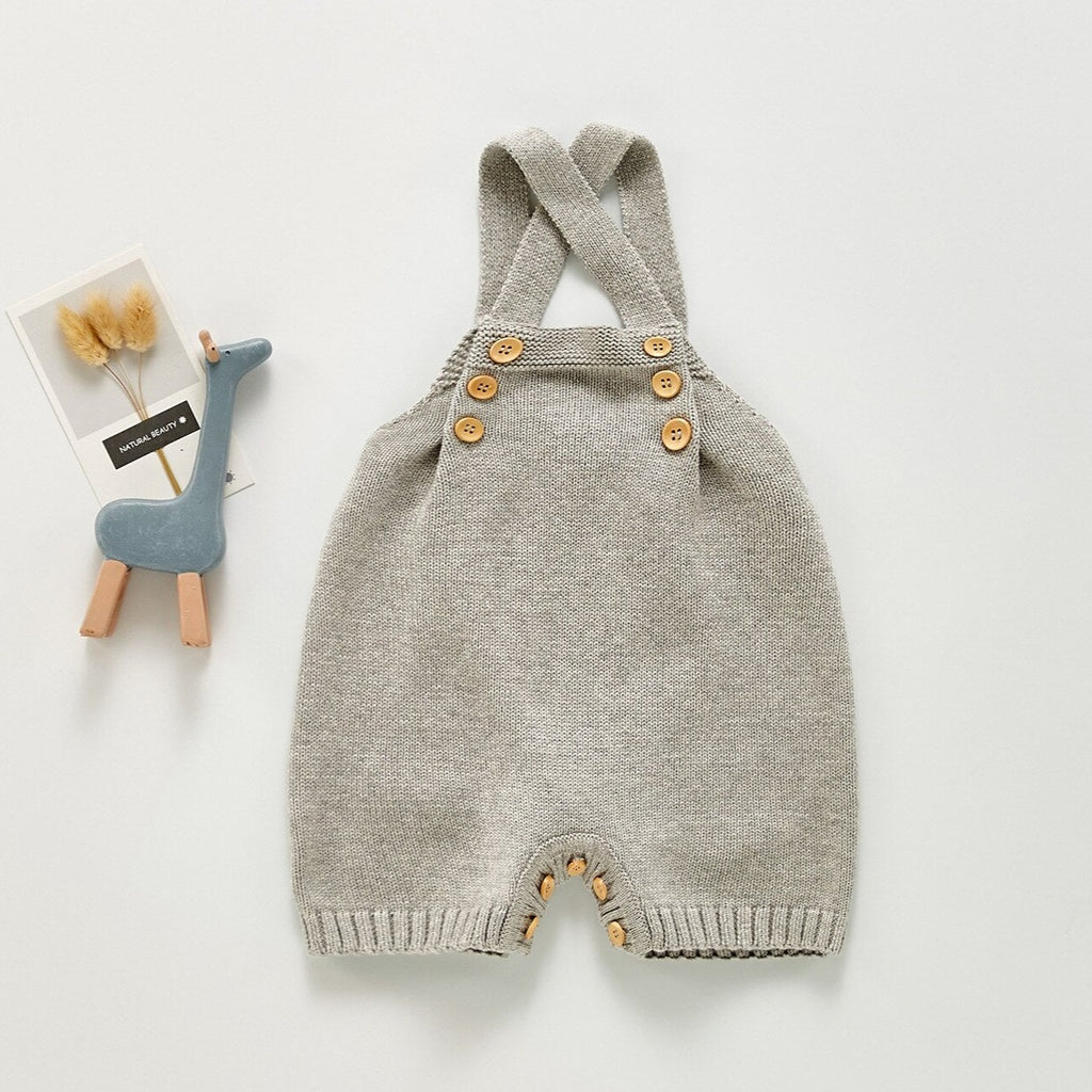 Light grey color knitted overall romper with adjustable straps for baby boys, baby girls, reborn dolls, reborns and cuddle babies.