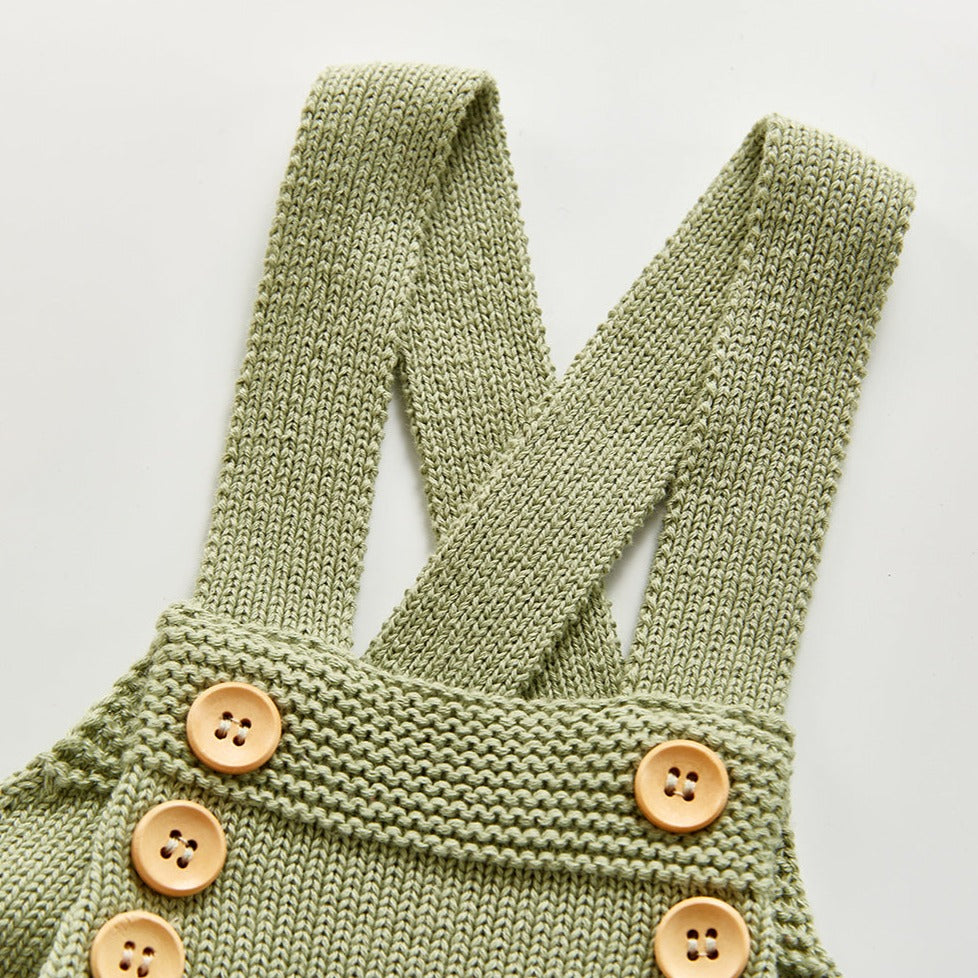 Olive green color knitted overall romper with adjustable straps for baby boys, baby girls, reborn dolls, reborns and cuddle babies.
