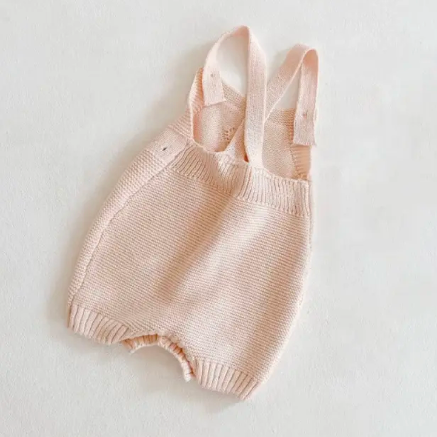 Beige Feeling Loved Knitted Overall Baby Romper Shorts for Newborns, Infants, Toddlers, and Reborn Baby Dolls with eyelet heart over the chest.