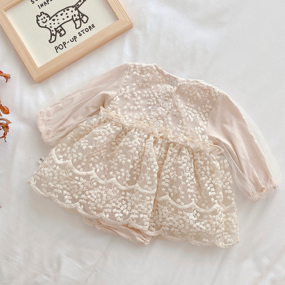 Long-sleeve elegant lace dress with vine embroidery for reborn baby dolls.